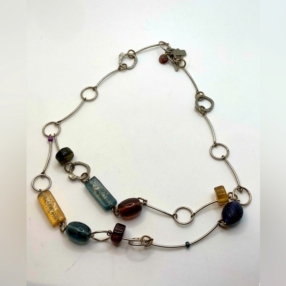 Vtg Anne Marie Chagnon Modernist Abstract Glass Bead Silver Tone Necklace 18”